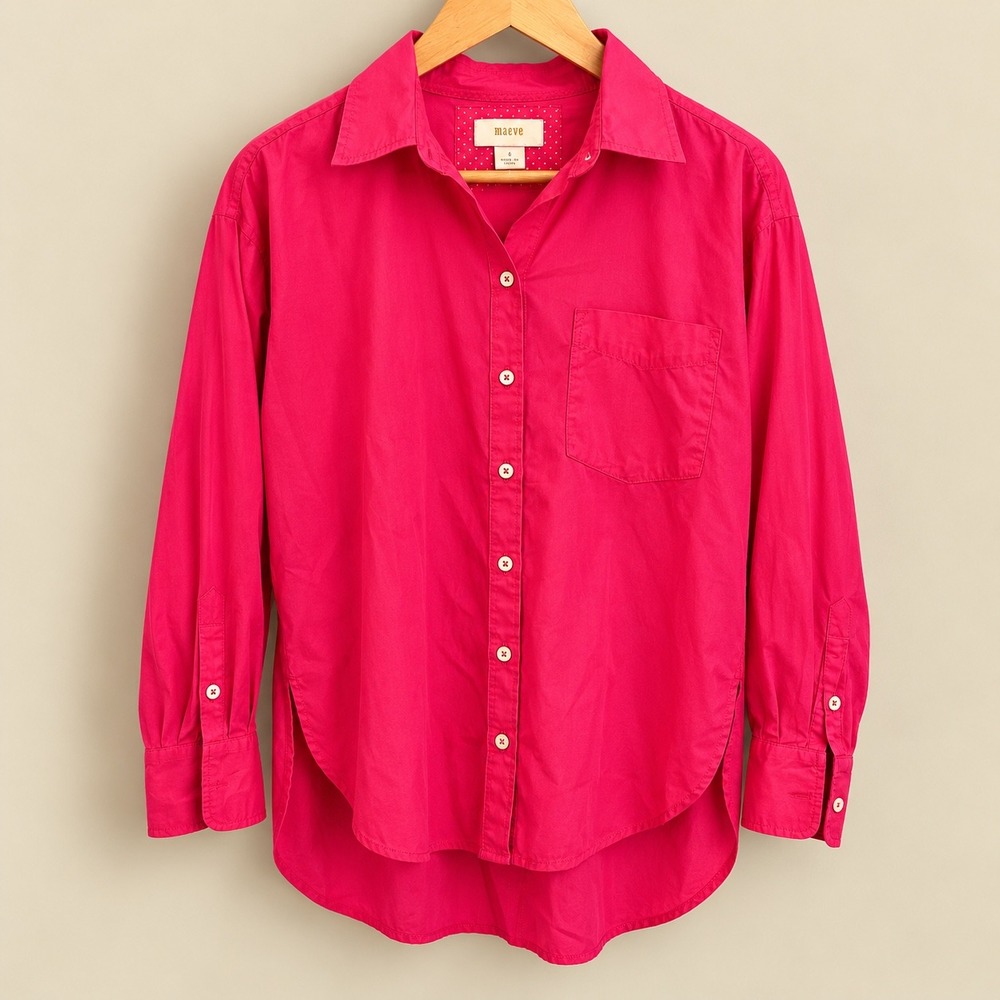 Maeve Anthropologie Hot Pink Cotton Button Down Shirt High Low Hem M Old Money